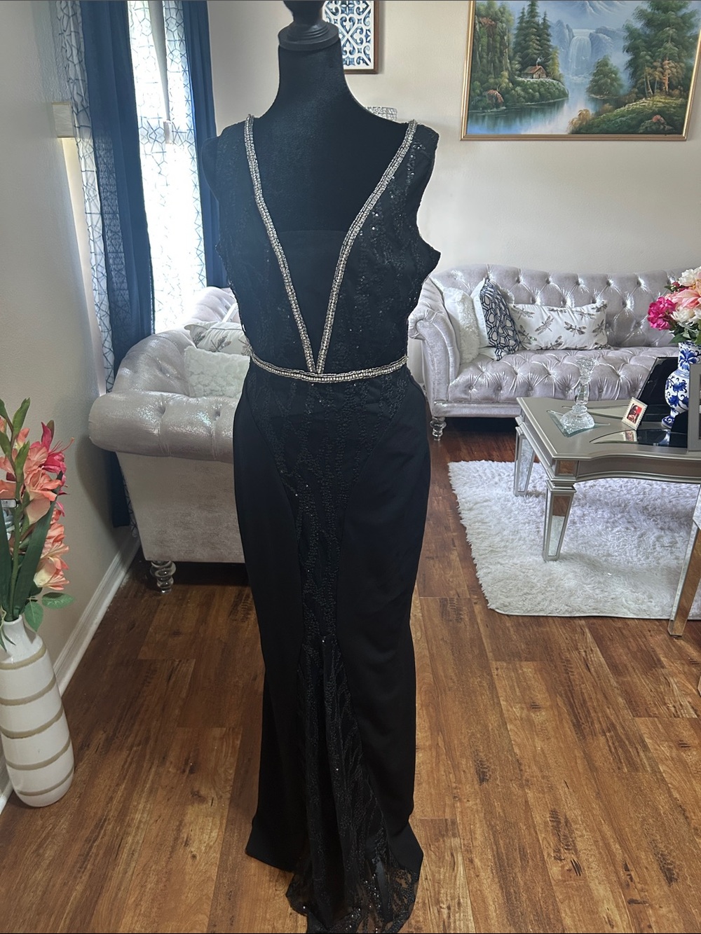 Elegant Black Lace-Trim Maxi Dress